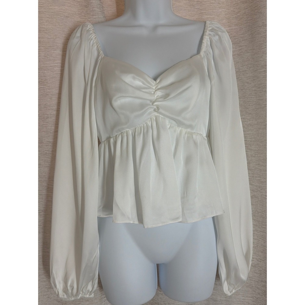 English Factory White Satin Peplum Top Sweetheart Bishop Sleeve Blouse Large
